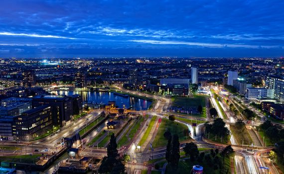 View of Rotterdam in the night from height