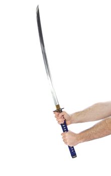 Warrior Holding a Samurai Sword isolated on white