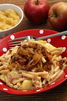 Photo of a bowl of Alplermagronen, or Alpine farmer's macaroni, a traditional Swiss meal made with noodles, potatoes, cheese, onions and served with applesauce.