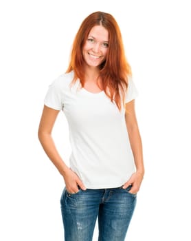 Smiling girl in white t-shirt isolated