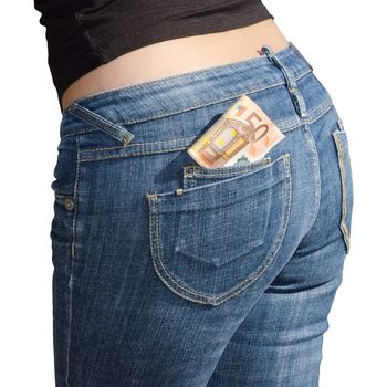 Fifty euro banknotes in jeans back pocket isolated on white