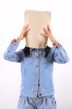 Woman with paper bag on head