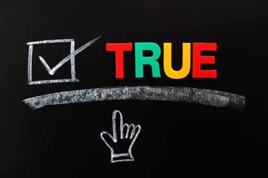 Word of TRUE made of colorful letters with a tick and hand cursor