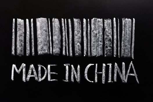 Bar code of "Made in China"written with chalk on a blackboard