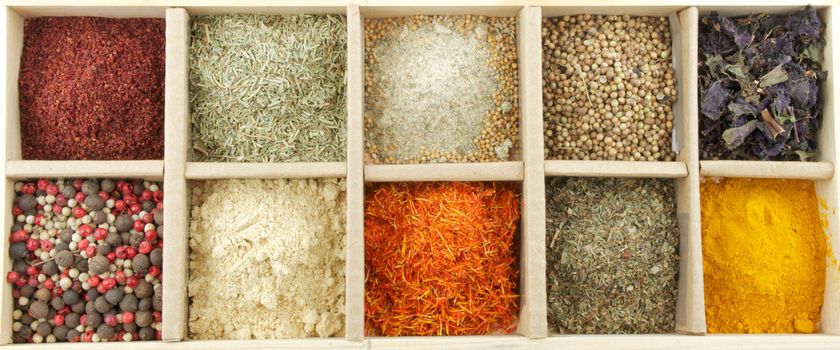 Mix Spicy Spices in box as background