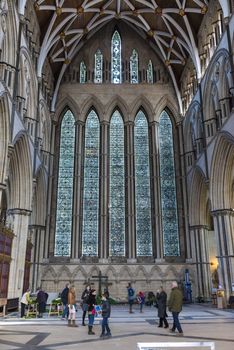 YORK, UK - MARCH 30: The Five Sisters stained glass window at the North Transept in York Minster. The cathedral dates back from 1291. March 30, 2013 in York.