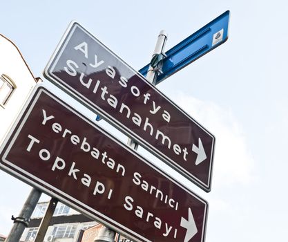 Signboards of Hagia Sophia, Blue Mosque, Cistern Basilica and Topkapi Palace in Sultanahmet, Istanbul