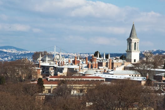 Topkapi Sarayi, the historical Ottoman Empire with the view of the Bosphorus Bridge in the background