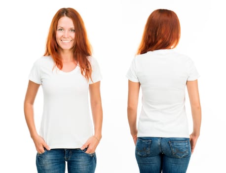 white t-shirt on a smiling girl, front and back