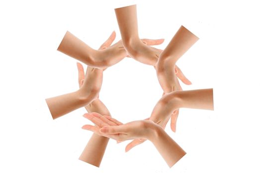 Conceptual of human hands making a circle on white background with a copy space in the middle