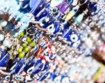 Evil eye charms to keep at evil looks away, a traditional souvenir from Istanbul, Turkey