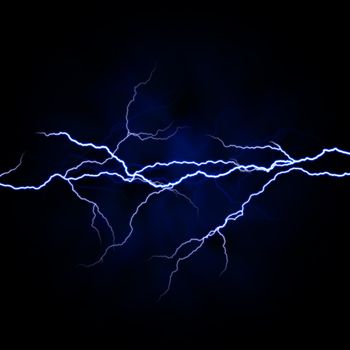 electrical white blue lightnings over dark background