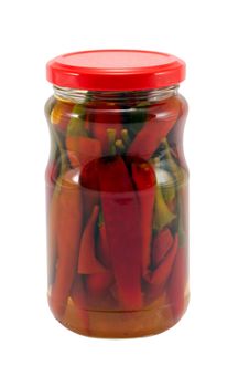 ecologic chilli peppers paprika preserved in glass jar pot isolated on white background healthy natural food resource for winter time