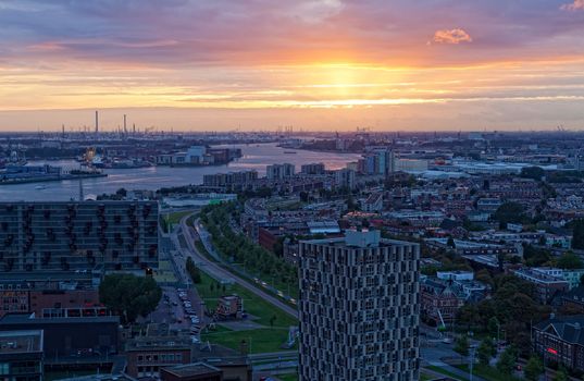 View of Rotterdam from height of bird's flight at night