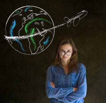 Business woman, student or teacher with chalk globe and jet world travel blackboard background