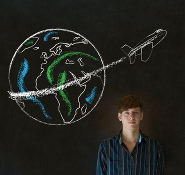 Business man, student or teacher with chalk globe and jet world travel blackboard background