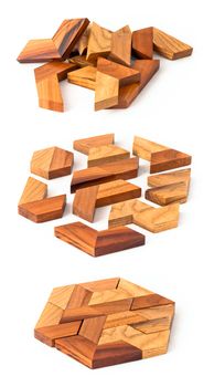 Wooden hexahedron puzzle, from start to end building