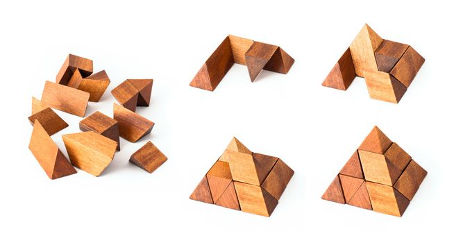 Wooden pyramid puzzle, from start to end building