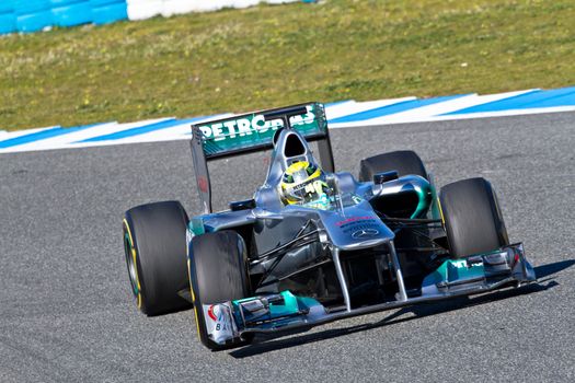 JEREZ DE LA FRONTERA, SPAIN - FEB 07: Nico Rosberg of Mercedes F1 races on training session on February 07 , 2012, in Jerez de la Frontera , Spain