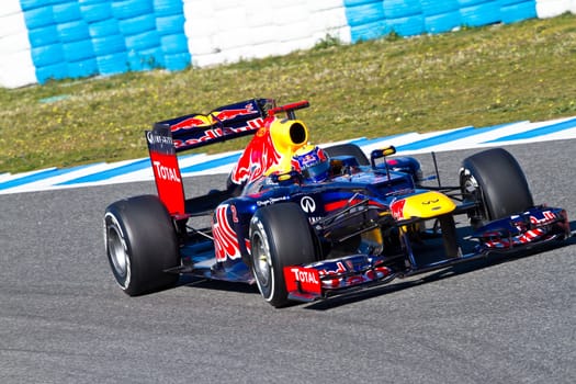 JEREZ DE LA FRONTERA, SPAIN - FEB 07: Mark Webber of Red Bull F1 races on training session on February 07 , 2012, in Jerez de la Frontera , Spain