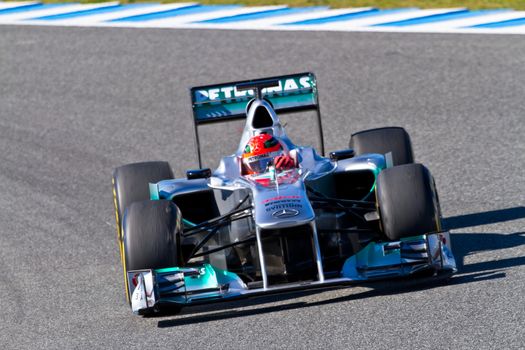 JEREZ DE LA FRONTERA, SPAIN - FEB 07: Michael Schumacher of Mercedes F1 races on training session on February 07 , 2012, in Jerez de la Frontera , Spain