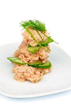 Pyramid Arrangement of Tuna Salad with Cucumber, Spring Onion and Dill on White Plate isolated on white background