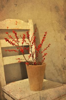Pot with red berries on a chair, vintage look.