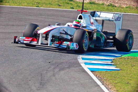 JEREZ DE LA FRONTERA, SPAIN - FEB 11: Sergio Perez of Sauber F1 takes a curve on training session on February 11 , 2011, in Jerez de la Frontera , Spain