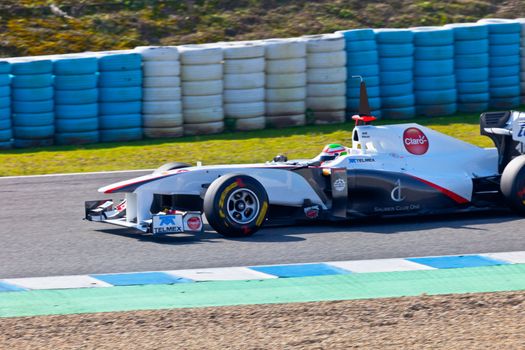 JEREZ DE LA FRONTERA, SPAIN - FEB 11: Sergio Perez of Sauber F1 races on training session on February 11 , 2011, in Jerez de la Frontera , Spain