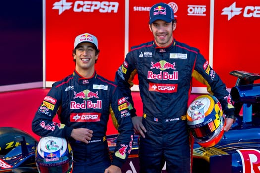 JEREZ DE LA FRONTERA, SPAIN - FEB 06: Ricciardo (left) and Eric-Vergne (right), on the presentation of the F1 car Toro Rosso STR7 on February 06 , 2012, in Jerez de la Frontera , Spain