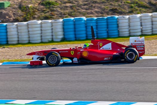 JEREZ DE LA FRONTERA, SPAIN - FEB 11: Felipe Massa of Ferrari F1 races on training session on  February 11 , 2011, in Jerez de la Frontera , Spain