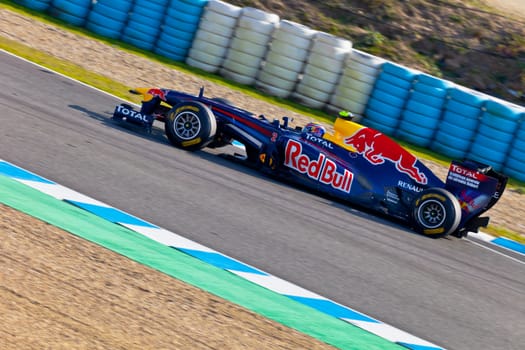 JEREZ DE LA FRONTERA, SPAIN - FEB 11: Mark Webber of Red
Bull Racing F1 races on training session on February 11 , 2011, in Jerez de la Frontera , Spain