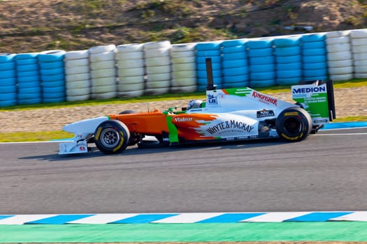 JEREZ DE LA FRONTERA, SPAIN - FEB 11: Adrian Sutil of Force
India F1 races on training session on February 11 , 2011, in Jerez de la Frontera , Spain