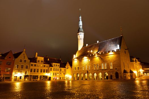 Tallinn Town Hall at Night in Raekoja Square, Estonia