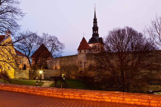 Early Morning at City Walls and Towers of Old Town in Tallinn, Estonia