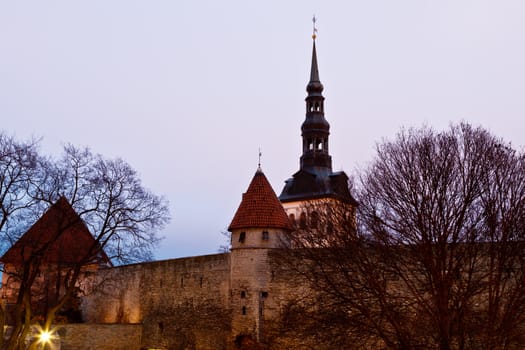 Early Morning at City Walls and Towers of Old Town in Tallinn, Estonia