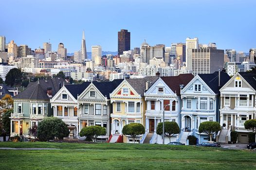 famous view of Alamo square, San Francisco, USA