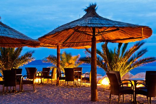 Umbrellas on Pebble Beach at Night, Brela, Croatia