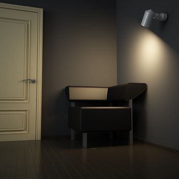 Dark interior with door and sofa and light from electric lamp