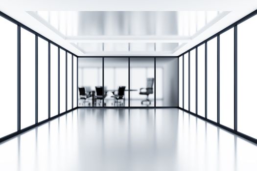 Empty meeting room behind a glass partition in modern cubicle