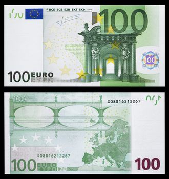 two sides of banknote of 100 euro on a black background