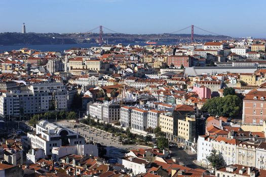 famous view of Lisbon with red bridge, Portugal