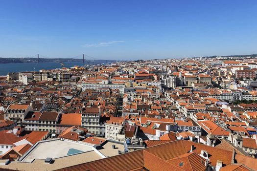 horizontal view of Lisbon with red bridge, Portugal