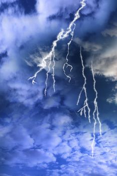 bolts of lightening from a cloudy storm filled sky