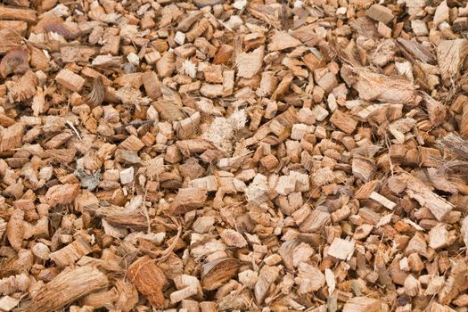 Wood chippings and coconut pieces background. Organic fertilizer