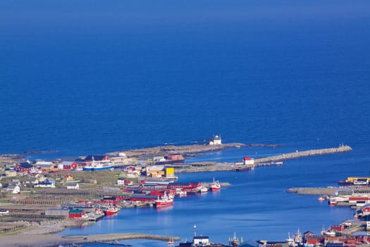 Scenic fishing harbor of Sorland on Vaeroy, Lofoten islands, Norway
