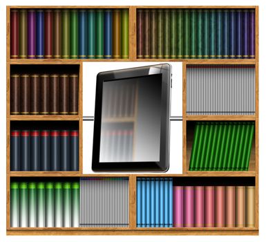 Illustration of an old bookcase with the center a tablet computer