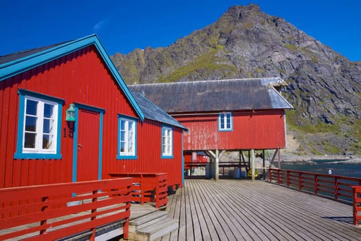 Traditional old red fishing port on Lofoten islands in Norway