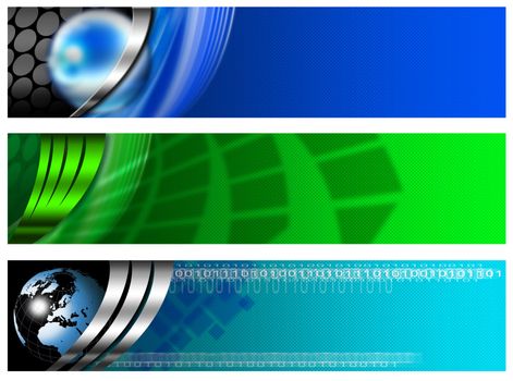 Three technological banners or backgrounds with globe and abstract forms