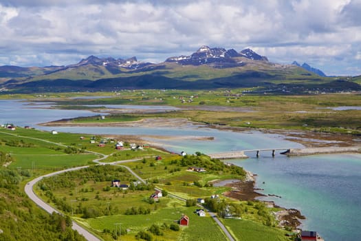Scenic panorama of green Lofoten islands in Norway during summer